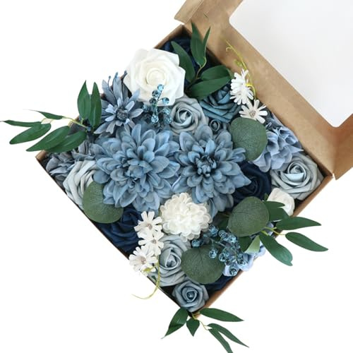 Fouriding Künstliche Blumen für DIY,Hochzeit Sträuße Rosen DIY Mittelstücke Arrangements für Kuchen Party Baby Dusche Weihnachten Heimdekoration (Nebliges Blau)
