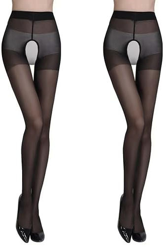 Vxcvzv 2 Pairs Oil Shiny Suspender Tights High Waist Crotch Open Pantyhose Gloss Sheer Silk Stockings for Women Black