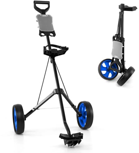 COSTWAY Chariot de Golf à 2 Roues Pliable avec Emplacement pour 4 Tees, 4 Balls et Tableau de Score, Caddie de Golf Multifonctionnel Facile à Ranger et Transporter avec Design Compact (Bleu)