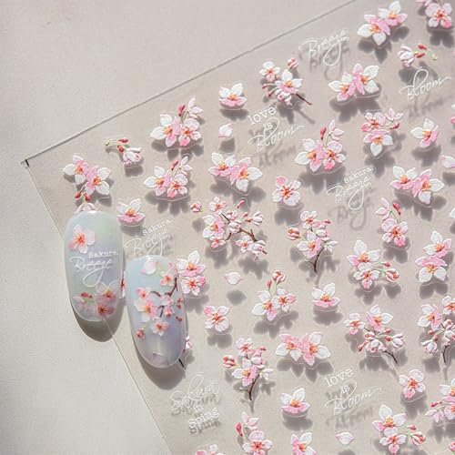 JMEOWIO 3D Nagelsticker Weiß Rosa Blumen Nail Art Sticker Selbstklebend Nagelaufkleber 5D Stereoskopisch Dekoration Nageldesign Zubehör 1 Blatt