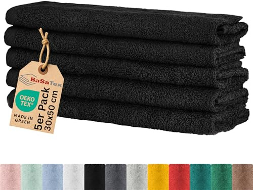 BaSaTex Gästehandtuch Frottee, 5er Pack, 30x50cm, Schwarz | 100% Baumwolle-Frottee, Öko-Tex Made in Green Zertifiziert, Aufhängeschlaufe, 400gm², saugstark und langlebig