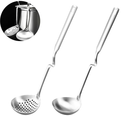 2 Pieces Stainless Steel Soup Ladle and Slotted Spoon, Long Handle Hotpot Colander, Heavy Duty Kitchen Serving Spoon, Cooking Utensils for Kitchen Cooking Soup Sauce Serving Salad Dressing