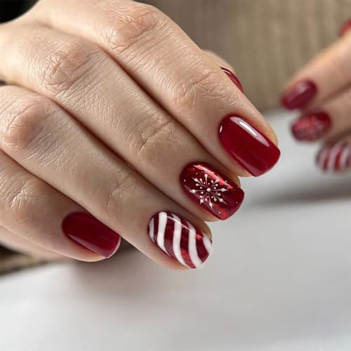 NICENEEDED 24PCS Presse de Noël sur Les Ongles Faux Ongles Courts et Carrés avec Motif Flocon de Neige Faux Ongles de Noël d'hiver pour Femme