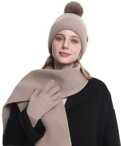 MAZELIKEHOOD Halsduk Set Hatt Handskar Kvinnor Vinter Varm Bobble Hatt med Stickad Halsduk Och Handskar Mjukt Och Bekvämt Tyg Mode Vintertillbehör Perfekt för Julklapp, Khaki, one size