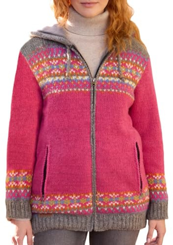 Pachamama kvinnor ull dragkedja huvtröja fleecefodrad handstickad traditionell Fair Isle färgglad handgjord tjock termisk extra varm ficka huvtröja jacka Fair Trade, Rosa, S