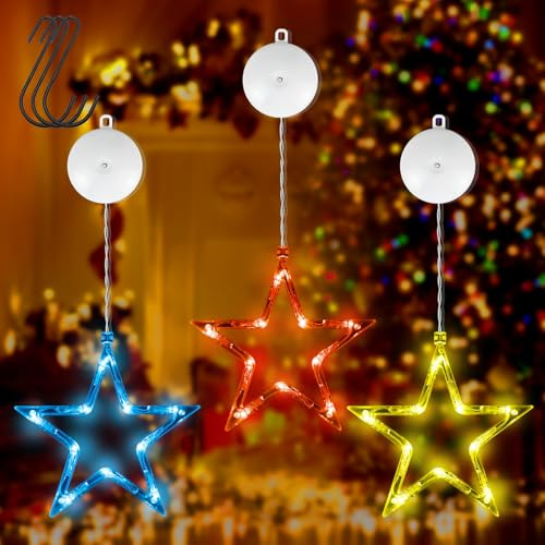 3 Luci LED Forma di Stella Natalizia, Tenda Luminosa da Esterno a Batteria Luci Esterno Natale Multicolore con Ventosa e Gancio, Colorati per Negozi, Vetrine Pareti Adatti Halloween Festa Casa Balconi