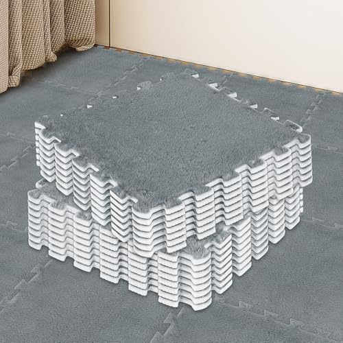 15 Pack Plush Foam Floor Tiles 30 x 30 x 1cm Interlocking Play Mat Squares with Border Soft Climbing Mats for Playroom and Nursery (Grey)