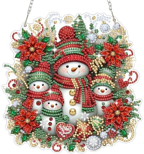 Dongcill Weihnachten Diamond Painting Anhänger,Weihnachts-Diamantmalerei | 5D Diamond Painting Fensterbilder Schneemann für Erwachsene Kinder,Weihnachtsgeschenke Bastelset Kreativ Ornament