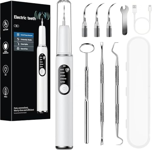 Kit Pulizia Denti Rimuovi Tartaro， Spazzolino Ultrasuoni Intelligente e Impermeabile IPX6 con 5 Modalità Per Rimozione Placca e Macchie con 3 Testine Intercambiabili e 4 Luce LED per Uso domestico