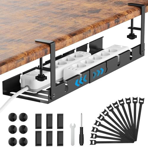 Kabelkanal Schreibtisch Ohne Bohren Schwarz, 33-55cm Verstellbarer Kabelmanagement Schreibtisch für Kabelversteck, Einziehbar Kabelwanne Ideal für Büro und Home, mit 22 Kabel Organizer Zubehörteilen