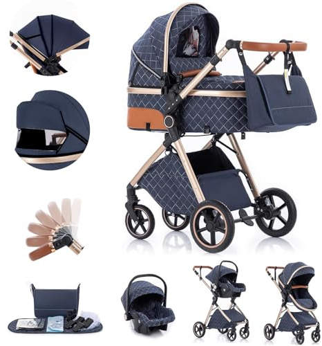 Gcarebb 3 in 1 Kinderwagen Reisesystem, Buggy mit höhenverstellbarem Griff, Reisewagen mit Regenschutz, Baby-Kinderwagen mit Aluminiumrahmen für Neugeborene