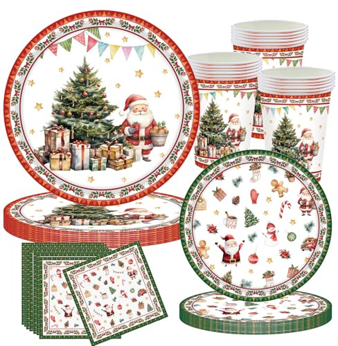CANCJ Weihnachten Partygeschirr Set für 10 Personen, 50-teiliges Weihnachts Tischset mit Papptellern, Bechern & Servietten, Weihnachtliche Tischdeko für Familienfeier & Winterparty