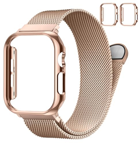 SOLOLUP Milanese Loop+2Pcs Schutzhülle für Apple Watch Armband Series 11 10 9 8 7 6 5 4 3 SE 3/2,Edelstahl Milanaise Magnetic Band für iWatch 38/40/41/42 mm-S 11/10，40mm PC Hülle(No Screen) Roségold