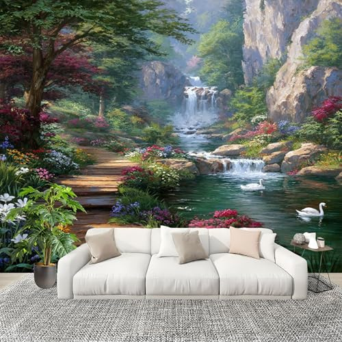 Fotomurales 250x175 cm Cascada De MontañA Decoración Muro Murales Papel Pintado tejido no tejido Verde Moderna Panoramico Fotográfico Adhesivos Impermeable Papel Tapiz