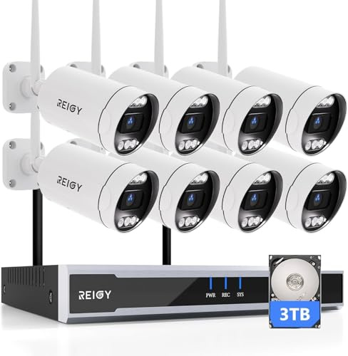 REIGY 5MP Kit Camara de Vigilancia WiFi Externo con 3TB HDD, 1920P Videovigilancia Set 16CH NVR + 8X Cámara, Sistema Seguridad CCTV Visión Nocturna Detección Movimiento Audio Bidirectionnel