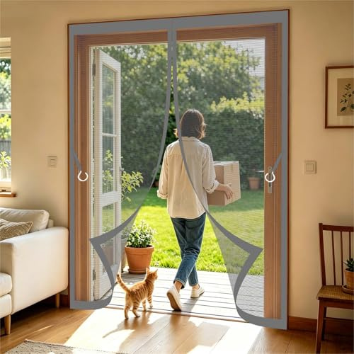 Cortina Mosquitera 220 x 215 cm Malla Imanes de Poliéster Imanes, Se Cierra Automáticamente Mosquiteras Magneticas Cortina Protección Contra Insectos para Cocina, Comedor, Gris