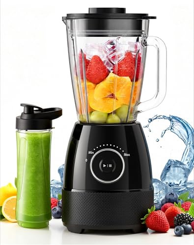 Batidora de Vaso, 1500W Batidora Smoothies, Vaso Batidora con Jarra de Vidrio 1,5L y Botella Tritan 600ml sin BPA, Velocidad Ajustable y Cuchillas de Acero Inoxidable, Licuadora para Zumos y Batidos
