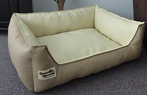 Hundebettenmanufaktur Hundebett Hundesofa Schlafplatz Kunstleder Similpelle Farbe und Größe wählbar von XS bis XXL (70 cm X 55 cm, beige Champagner)