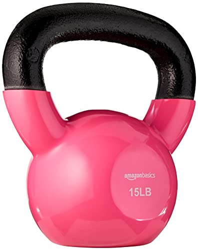 Amazon Basics Vinyl Kettlebell Weight for Strength Training, Workout, 15 Pounds, Textured Wide Handle, Pink