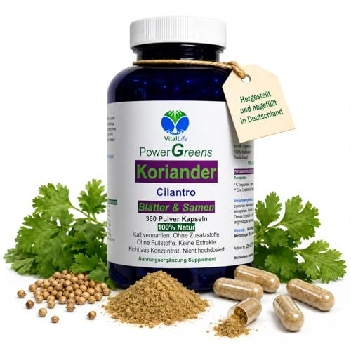 Koriander 360 Kapseln Cilantro Vollspektrum BLÄTTER & SAMEN - kein Extrakt 100% Natur pur. Mikrofein vermahlen. Ohne ZUSATZSTOFFE. Ohne FÜLLSTOFFE. 90 Tage Vorrat. 26423-360
