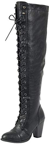 Forever Women's Chunky Heel Lace up Over-The-Knee High Riding Boots, 8, Black Pu