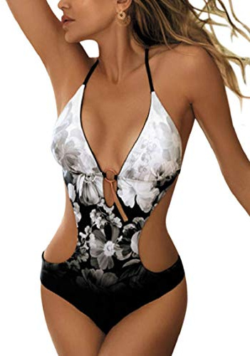 heekpek Maillot de Bain Femme 1 Pieces Sexy String Col V Halter Monokini Push Up Maillot de Bain Une Piece Maillot de Bain Imprimé, Noir, Taille L