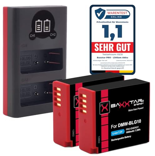 Baxxtar 2X DMW-BLG10E BLG10 Akku mit Ladegerät USB (Dual LCD) kompatibel mit Panasonic DMW-BLE9 Lumix DC GX9 G110 G100 TZ202 TZ101 TZ99 TZ91 GF3 GF5 GX7 GX80 LX100 II ZS70 ZS110
