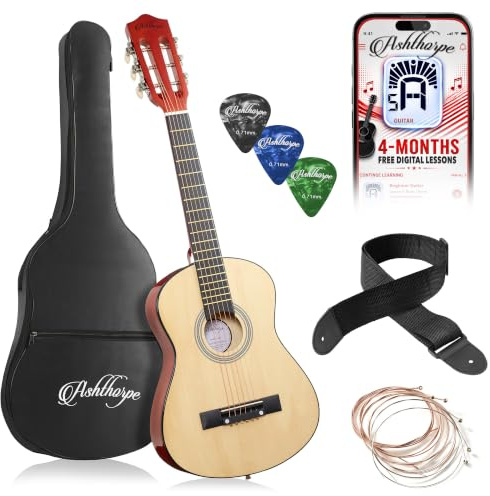 Ashthorpe Akustikgitarre für Anfänger, 76,2 cm, Naturfarben, Basis-Starter-Set mit Gigbag, Saiten, Gurt, Stimmgerät, Plektren