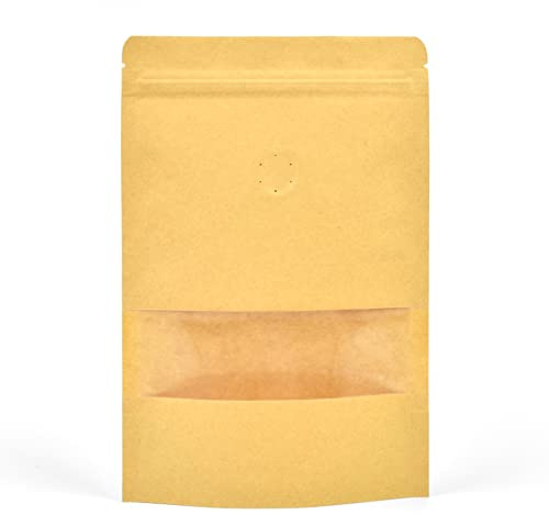 Lot de 50 Sachets de Café en Grains, Fermeture Éclair, 140 x 220 x 40mm | Valve de Dégazage à Sens Unique, Fenêtre | 250 g de Grains de Café | Lot de 50, Fermeture Éclair, 140x220x40mm, Kraft