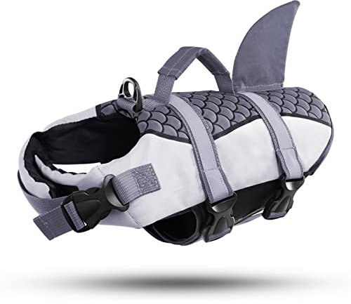 CITÉTOILE Hundeschwimmweste Hai mit Griff und Reflektierend, Schwimmweste für Kleine Mittlere und Große Hunde, Dog Life Jacket Schützen Sie Hunde beim Schwimmen im Meer/See/Fluss, Grau, L