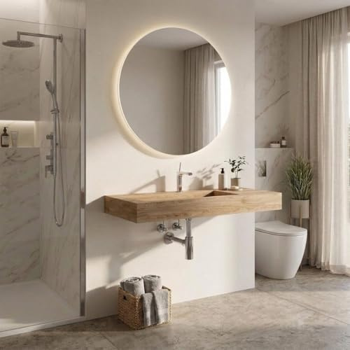 Kiamami Valentina - 100 cm HPL Waschbecken mit Ablage rechts Holzoptik Eiche Honig