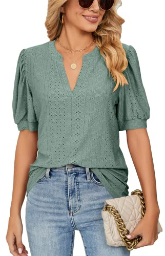 EDOTON Camiseta Mujer Manga Corta Cuello V Corto Sólido Manga Hueca Burbuja Camisa de Punto Camisetas Mujer (XL,A Verde Oscuro)