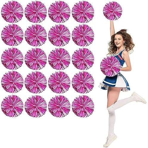 LIQS Pom Poms Cheerleading,Fluffy Cheerleader Pompoms mit Finger Friendly Ring,Metallic Pom Poms Cheerleading Für Kinder Erwachsene Sportwettbewerb Feiertag Feiertag (20 Stück, Pulver+Silber)