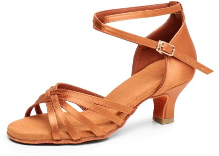QUNUNOIRE-Scarpe da Ballo Latino Americano/Salsa Ballo/da Sala per Donna in Raso 5cm/7cm Marrone Stile1 37EU