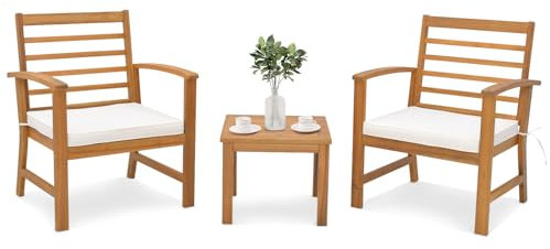 COSTWAY 3tlg. Terrassenmöbel-Set Akazienholz, 2 Gartenstühle mit Kissen und Kaffeetisch, Bistroset Sitzgarnitur für Veranda, Hof, Balkon & Poolbereich (59 x 61 x 80 cm)
