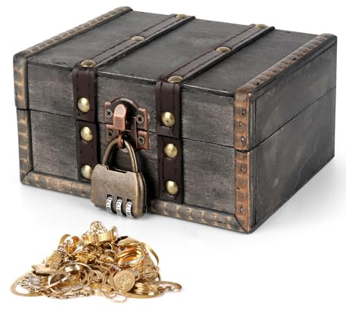 Mineup Vintage Holz Schatztruhe, Holz Aufbewahrung Schatzkiste mit Zahlenschloss, Schatzkiste Holz mit Schloss, Schatztruhe Kinder für Aufbewahrung Dekoration Kindergeburtstag(15 x10 x 7.7cm)