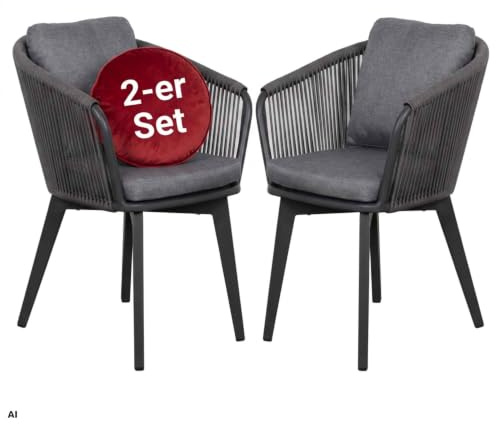 MR. DEKO® Diningsessel Cadiz 2er-Set Aluminium Rope | Gartenstuhl mit Armlehne 63x58x78 cm (BxTxH) | Alurahmen dunkelgrau und Rope-Geflecht grau | Stuhl mit Sitz- und Rückenkissen grau | Outdoormöbel