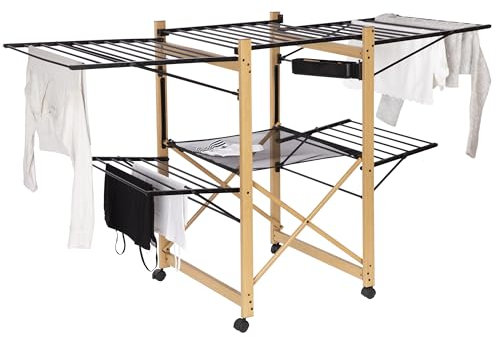ONVAYA® Faltwäscheständer ǀ Wäscheständer ǀ ausziehbar für Außen- und Innenbereich ǀ inkl. Klammerbox und Netz ǀ platzsparend ǀ Wäscheturm ǀ Holzoptik ǀ Flügelwäschetrockner mit Rollen