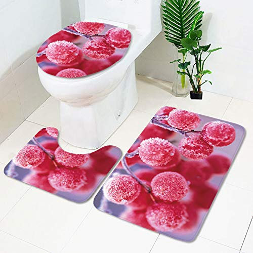 Bad Teppiche Set Rosa Kreisblume Badezimmerteppich Waschbar WC Vorleger mit Ausschnitt und WC Deckelbezug 3 Teilig Badematte rutschfest Toilettensitzbezug Badgarnitur 50x80 cm