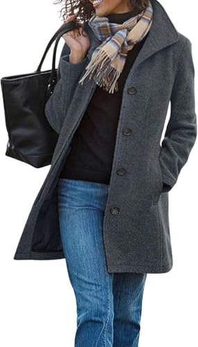 yoeasy Women Casual Thick Wool Blend Pea Coat Stand Collar Single Breasted Winter Mid-Length