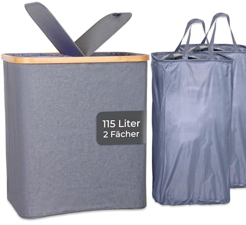 Wäschekorb 2 Fächer Innenbeutel herausnehmbar | Wäschesortierer getrennte Kammern | Wäschebeutel waschbar | Wäschebox Nelson anthrazit 115L faltbar