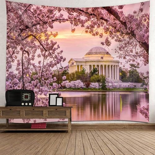 Mesnt Wandteppich Klein Natur, 150x150cm Blumensee-Palast – Naturlandschaft Wandteppich für Schlafzimmer Wohnzimmer | Rosa
