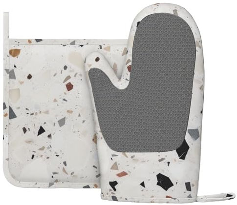 2 Stück Silikon-Ofenhandschuhe und Topflappen, hitzebeständige Ofenhandschuhe und Topflappen, Grillhandschuhe, Hot Pads, weiße Terrazzo-Kochhandschuhe für Küche, Backen, Grillen