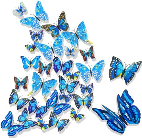 3D Papillon Stickers Muraux pour décoration 24PCS de Maison Autocollants Muraux de Papillons 3D Sticker Mural bricolage papillon amovible Réutilisable Pour chambre Salon bleu