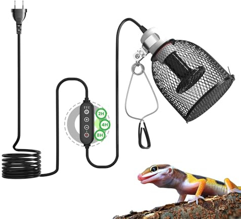 GlowUp Lampada termica terrario con cestello protettivo e timer, lampada termica tartaruga, paralume E27 rettile con 1 lampada riscaldante in ceramica, 75 W, per rettili, tartaruga, camaleonte