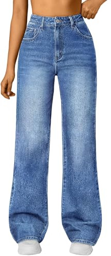Trendy Queen Women's High Waisted Straight Wide Leg Jeans, Comfort Stretch Baggy Denim Pants Blue 16