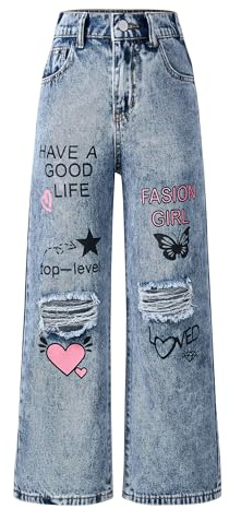 Pantalon Patte d'elephant Enfant Fille Jeans Déchiré Ado Pants Décontracté Troué 160/13-14 Ans