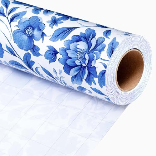 Wikadlik Geschenkpapierrolle, blaue Blume, 43 cm x 10 m, elegantes Blumengeschenkpapier für Hochzeit, Valentinstag, Braut, Muttertag, DIY Blumenstrauß