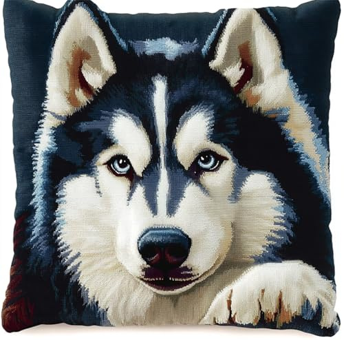 ORLUMY Kissen Knüpfen Kit Sibirischer Husky 43X43Cm,17X17Zoll Knüpfkissen Set Für Anfänger Erwachsene Oder Kinder Zum Selber Knüpfen,Diy Knüpfteppich Knüpfpackung