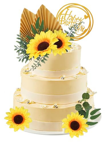 18 Stück Blumen Boho Kuchen Deko, Sonnenblume Kuchen Topper, mit Gold alles Gute zum Geburtstag Kuchen Topper Sonnenblume Golden Palm Eukalyptus Blätter, für Geburtstag, Hochzeit, Babyparty